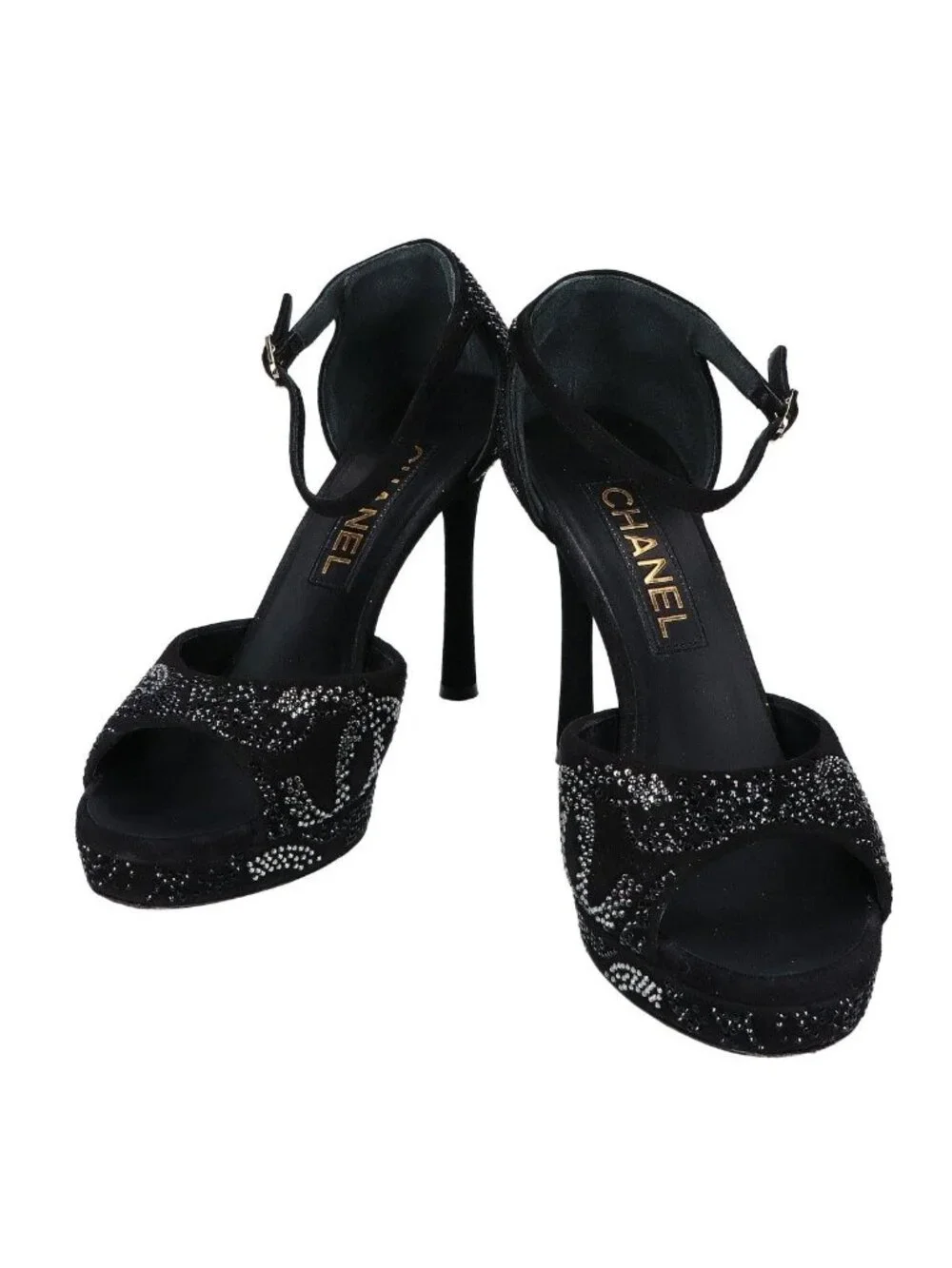 Chanel Suede Leather CC Logo Rhinestone Sandals 37c